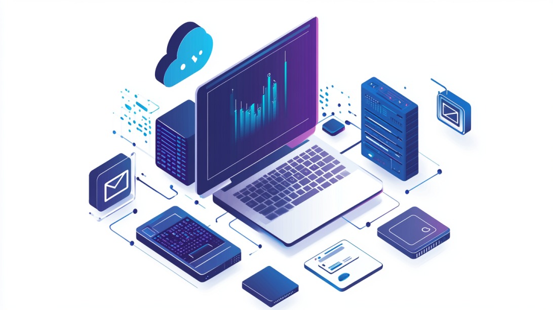 Ilustracija laptopa povezanog sa serverima i cloud tehnologijom, simbolizujući deljeni web hosting