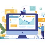 Ilustracija ljudi koji rade na laptopima ispred velikog monitora sa prikazom analitike sajta