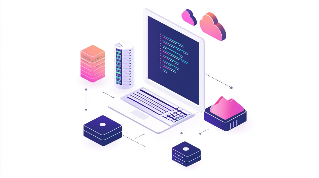 Isometrijska ilustracija laptopa okruženog serverima, cloud ikonama i kodom na ekranu, simbolizujući lokalne hosting usluge