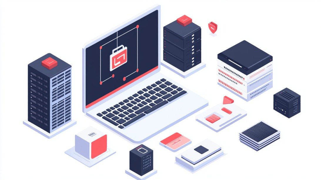 Isometrijska ilustracija laptopa okruženog serverima i IT opremom, simbolizujući međunarodne hosting usluge