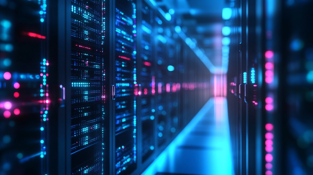 Fotografija modernog data centra sa serverima osvetljenim plavim i roze svetlima, simbolizujući visoki uptime i brzinu hostinga