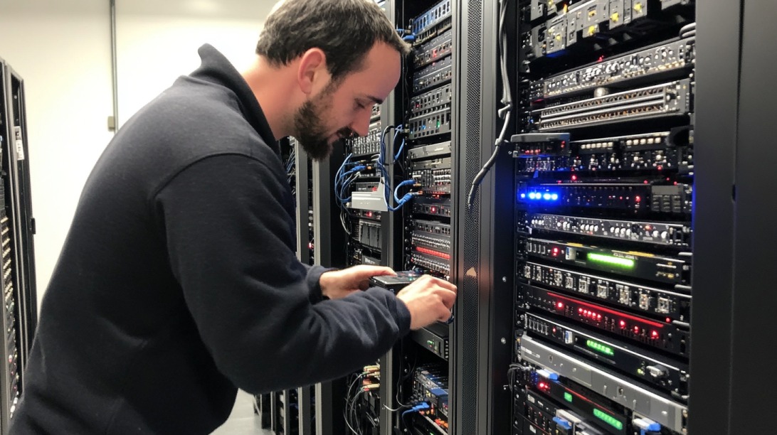Tehničar podešava servere u data centru, simbolizujući rad VPS hostinga